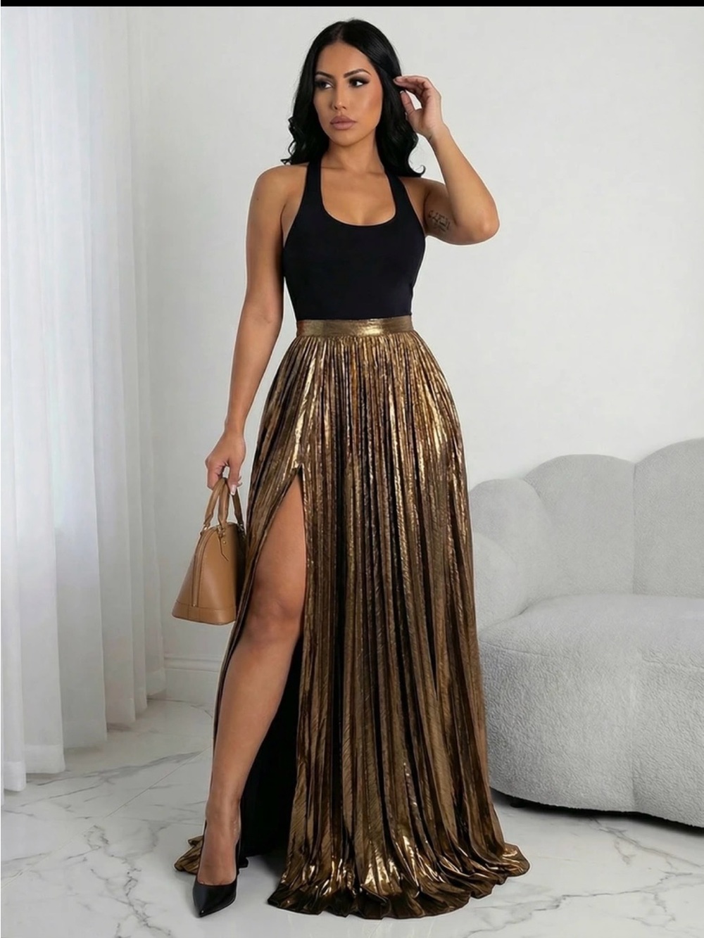 Elegant Golden Metallic Pleated Iridescent High slit skirt